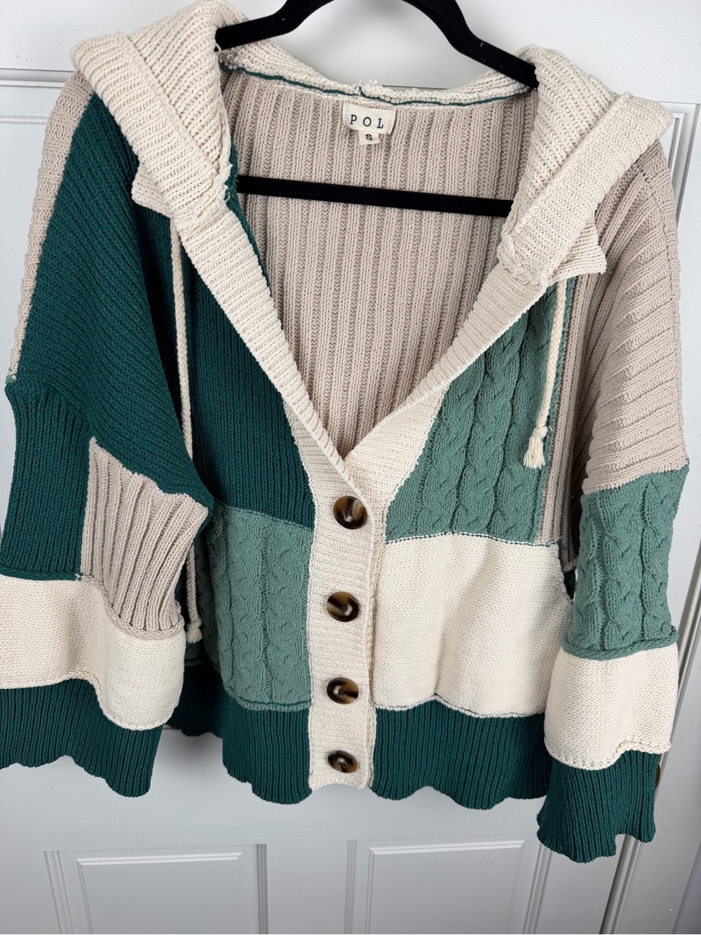 POL Colorblock Hooded Cardigan Sweater - Green & Cream